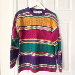 Studio Michelle Stuart USA Yellow Purple Pink Pointelle Stripe Sweater Small 80s